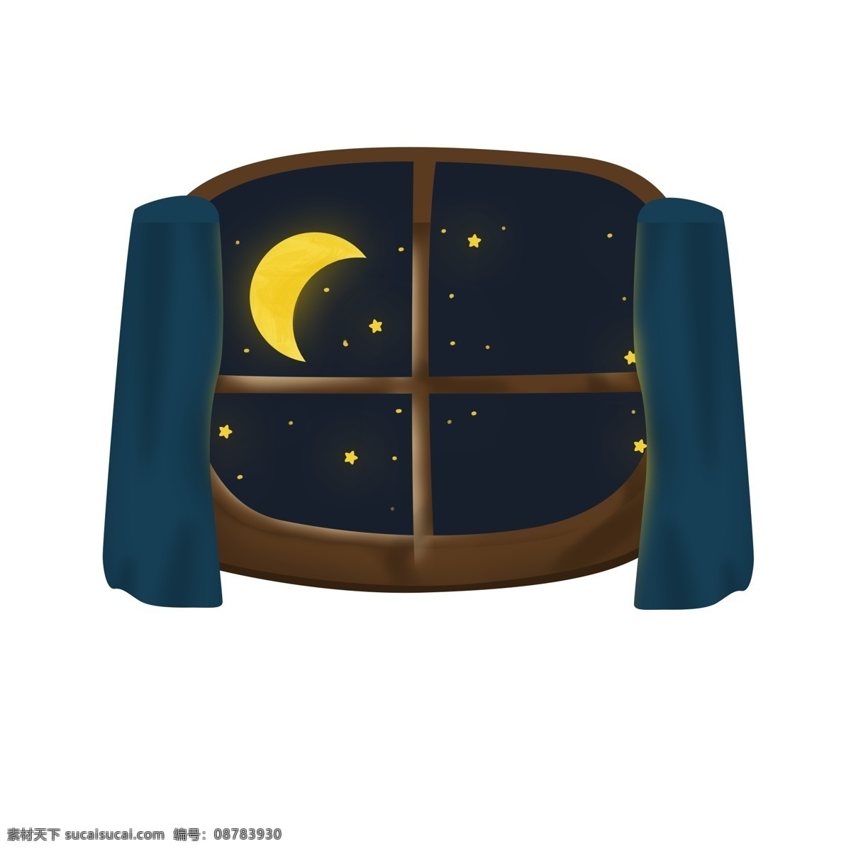 卡通 手绘 窗户 夜色 商用 元素 插画 窗帘 月亮 星星 夜晚 psd设计