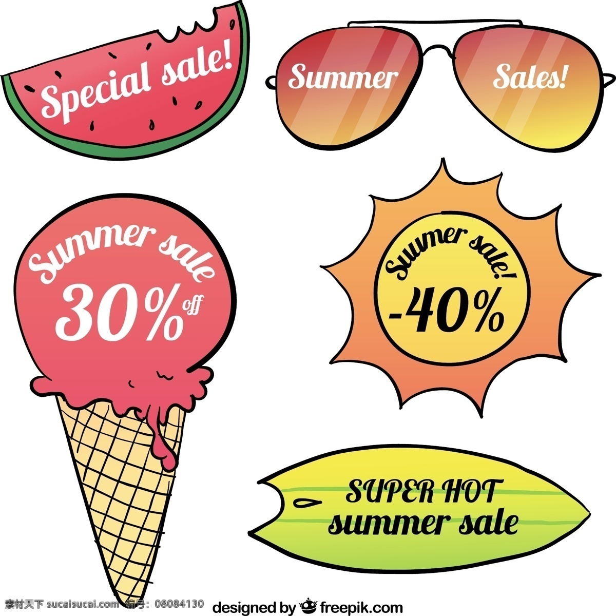 夏季 销售 新鲜 多彩 标签 标志 徽章 邮票 太阳 海滩 贴纸 冰淇淋 眼镜 印章 冰 假期 丰富多彩的 会徽
