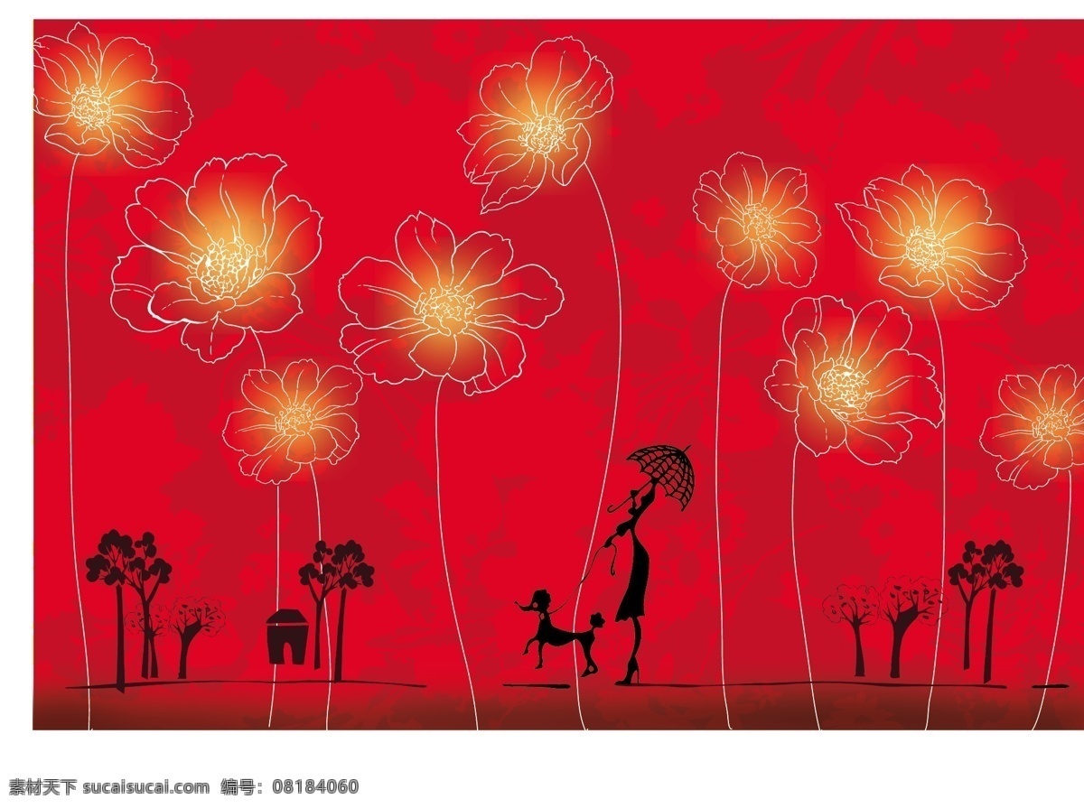 款 红色 花朵 封面设计 背景 暗纹 底纹 房屋 狗 剪影 模板 女人 红色调 人物 树木 素材元素 设计稿 源文件 矢量图