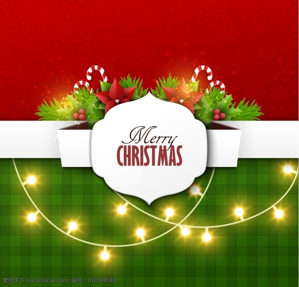 创意 圣诞 彩灯 贺卡 矢量 merry christmas 圣诞节 枸骨 彩灯串 纸质 拐棍糖 松枝 一品红 名片卡片