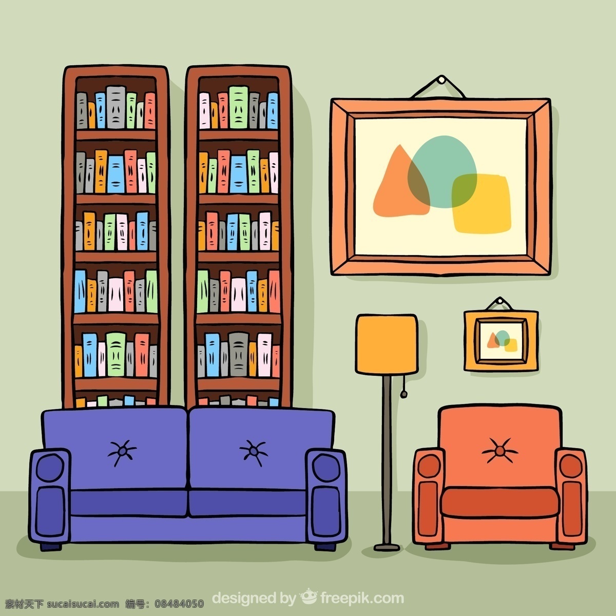 彩绘 书房 客厅 书柜 书籍 挂画 沙发 落地灯 单人沙发 双人沙发 文化艺术 绘画书法