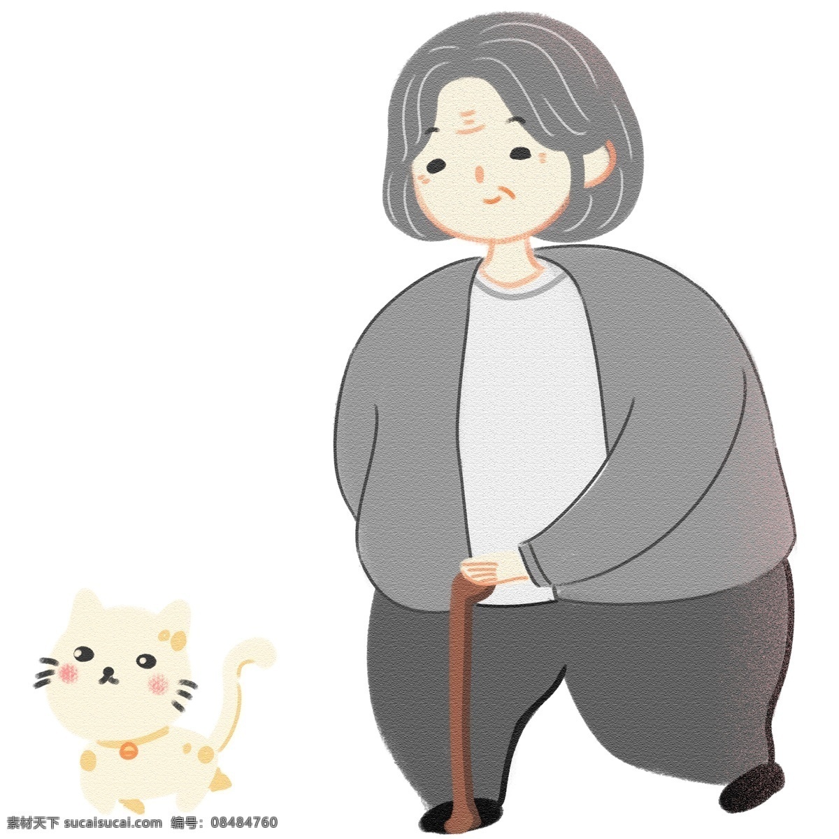 猫咪 老人 装饰 元素 装饰元素 短发 拐杖 清新 手绘 奶奶 老人家