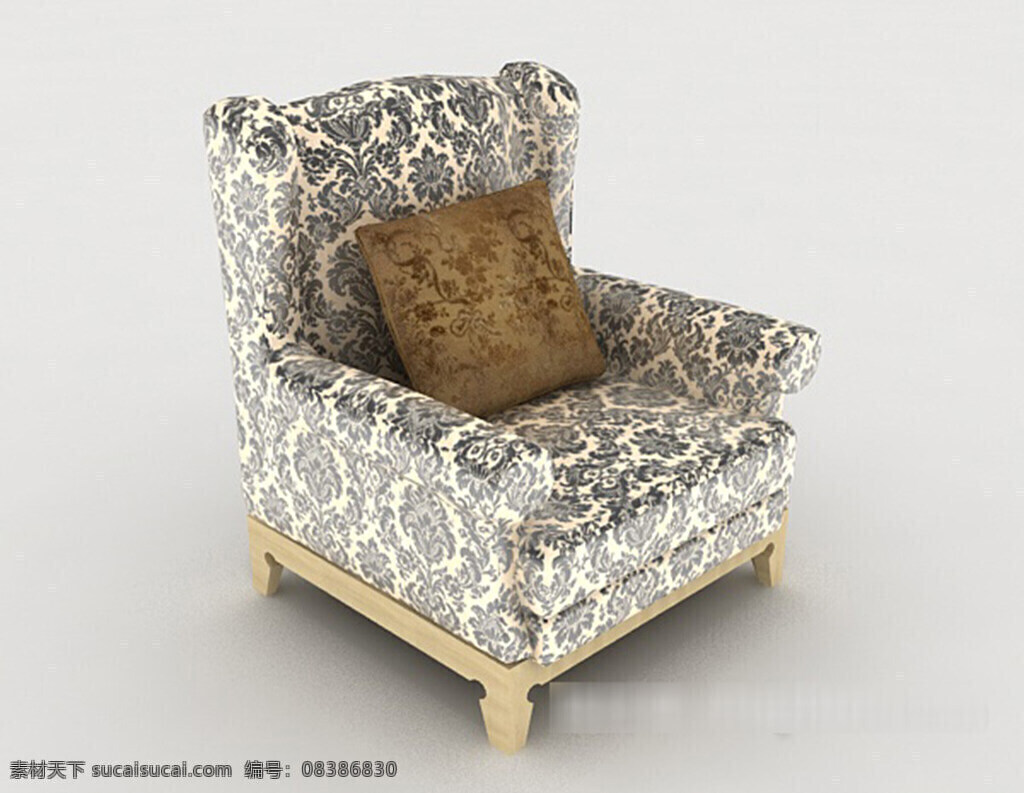 田园 蓝色 花纹 单人 沙发 3d 模型 3d模型下载 3dmax 现代风格模型 白色模型