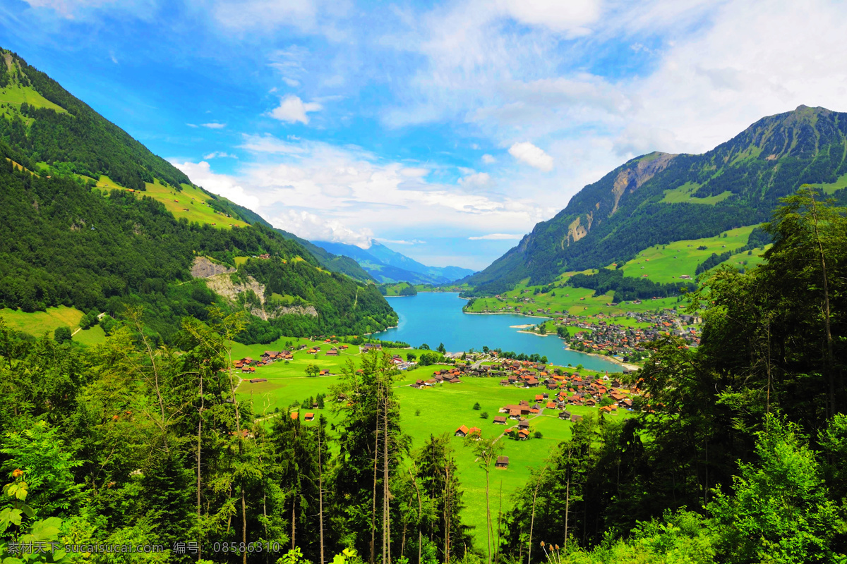 瑞士风光 欧洲 瑞士 因特拉肯 阿尔卑斯山脉 蓝天 彩云 树木 牧场 湖泊 风景 欧洲风光 国外旅游 旅游摄影