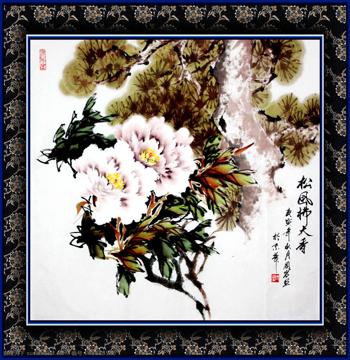 彩墨画 芳香 国花 国画艺术 花卉画 绘画 绘画书法 绿叶 松风拂天香 中国画 现代国画 牡丹花 粉牡丹 松树 书法 印章 国画牡丹2 文化艺术 家居装饰素材 雕刻 图案