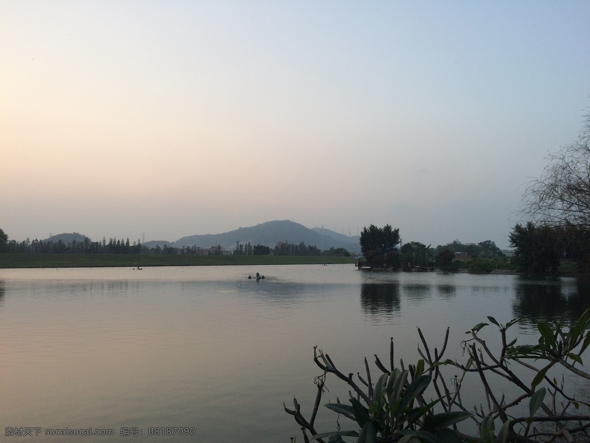 傍晚湖景 傍晚 湖水 堤 湖岸 树木 旅游摄影 自然风景