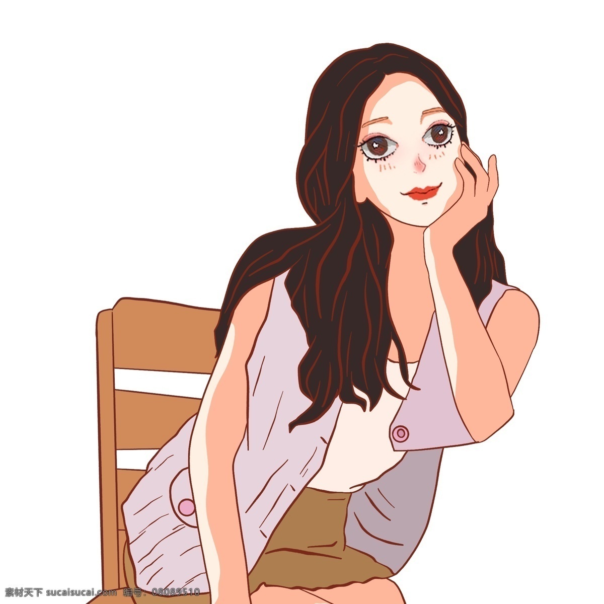 唯美 手绘 坐在 椅子 上 女性 中世纪复古 卡通 旗子 女孩 人物 插画