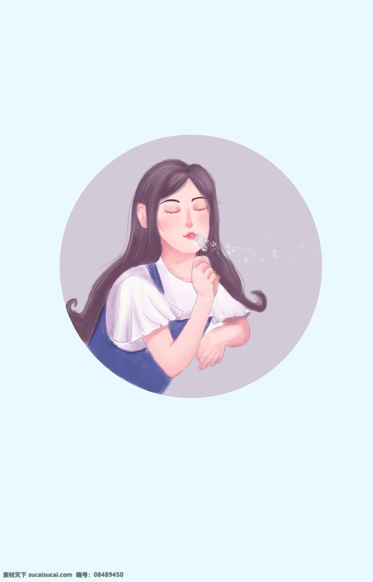 原创 插画 吹 蒲公英 女孩 原创插画 蓝色 小清新 女生 可爱 长发 闭眼 背带