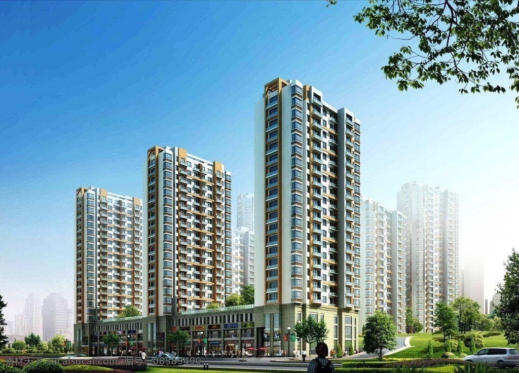 建筑外观 美术设计 楼宇设计 建筑效果图 楼房 大楼 高楼 住宅楼 住宅建筑 马路 车辆 行人 绿化 树木 天空 建筑艺术 建筑 外观 效果图 建筑设计 环境设计
