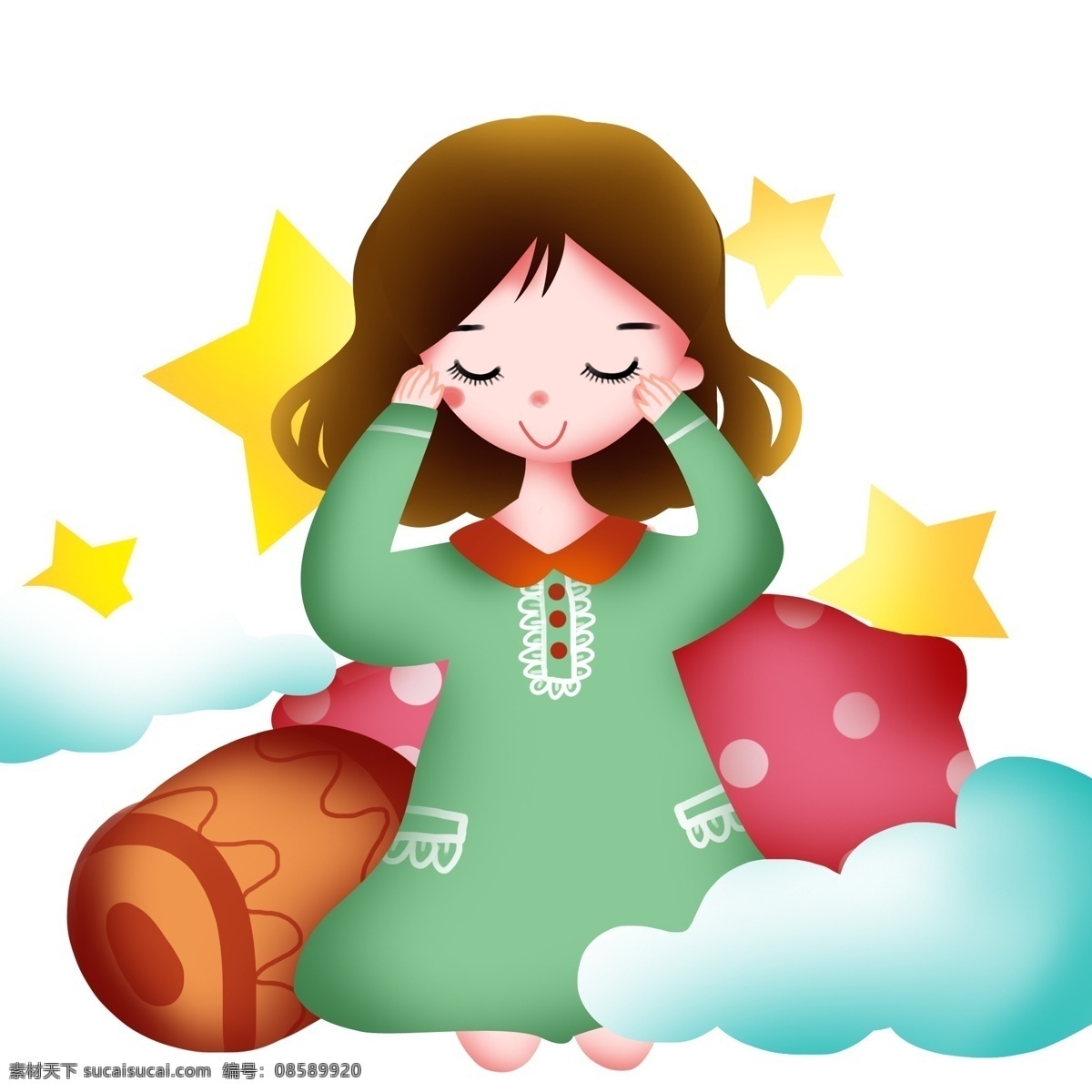 坐 熟睡 女孩 插画 世界 睡眠 日 熟睡的女孩 黄色的五角星 黄色的枕头 蓝色的云朵 卡通人物