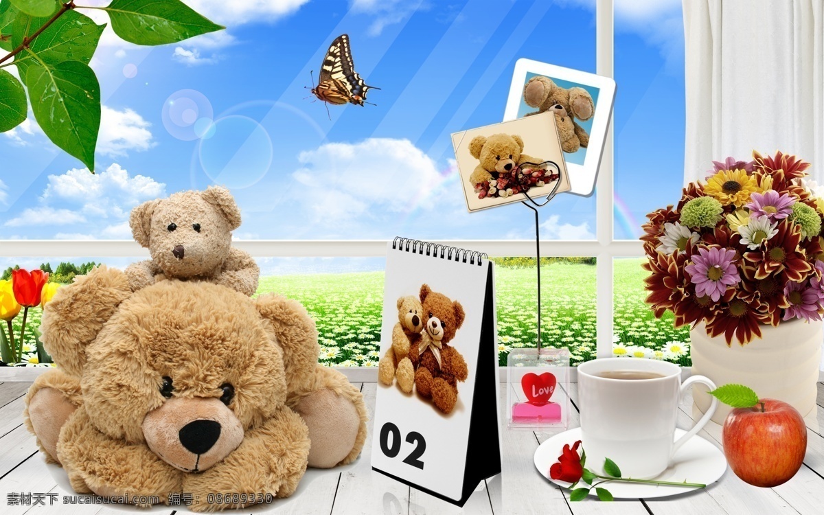 白云 草地 地板 广告设计模板 蝴蝶 花盆 蓝天 熊熊的家 泰迪熊 熊 玩具 台历 玫瑰 苹果 相片 叶子 阳光 海报 源文件