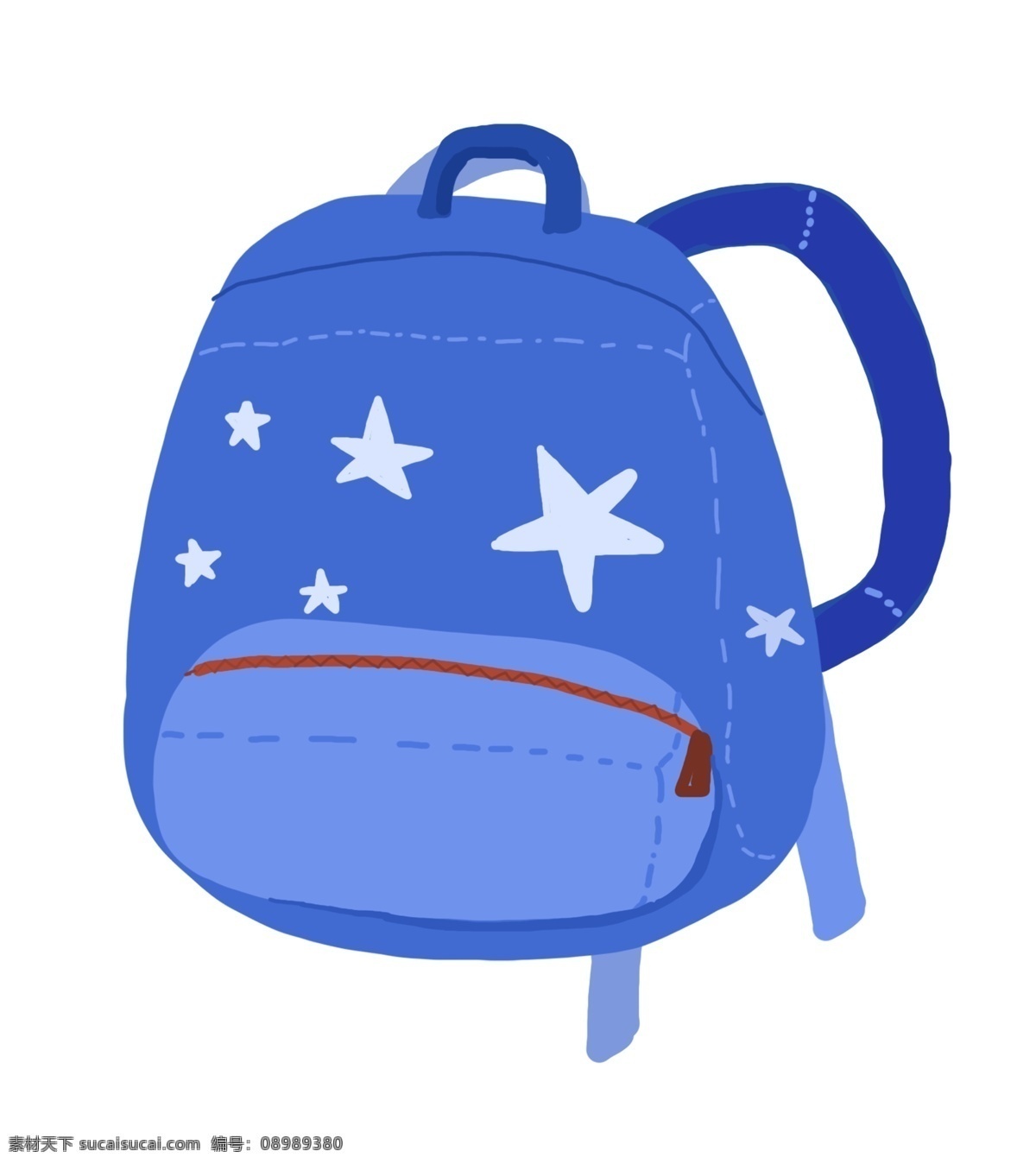 办公用品 书包 插画 蓝色的书包 卡通插画 办公工具 办公器具 办公产品 白色的星星