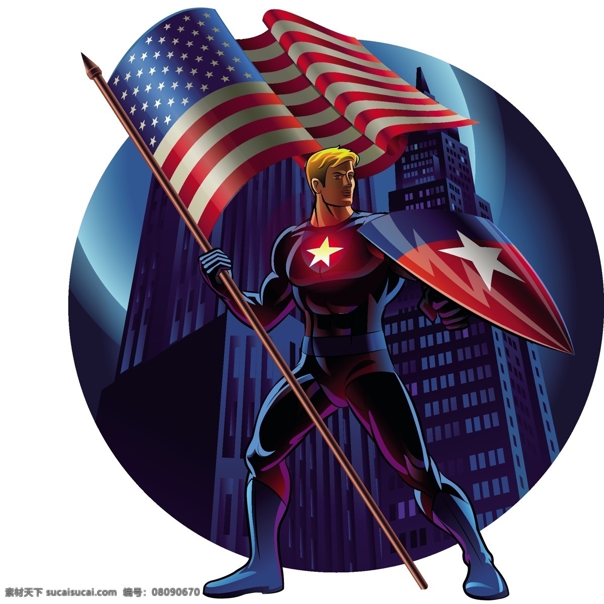美国队长 美国国旗 超人 盾牌 手绘 漫画 卡通 男性 男人 矢量 人物图库 男性男人