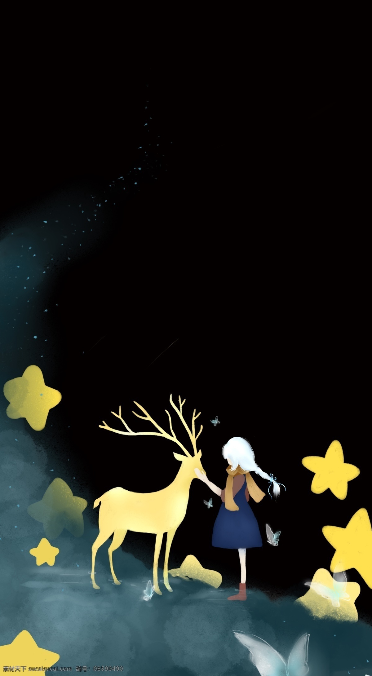 唯美星空 星空 小女孩 鹿 唯美 梦幻 动漫动画 动漫人物