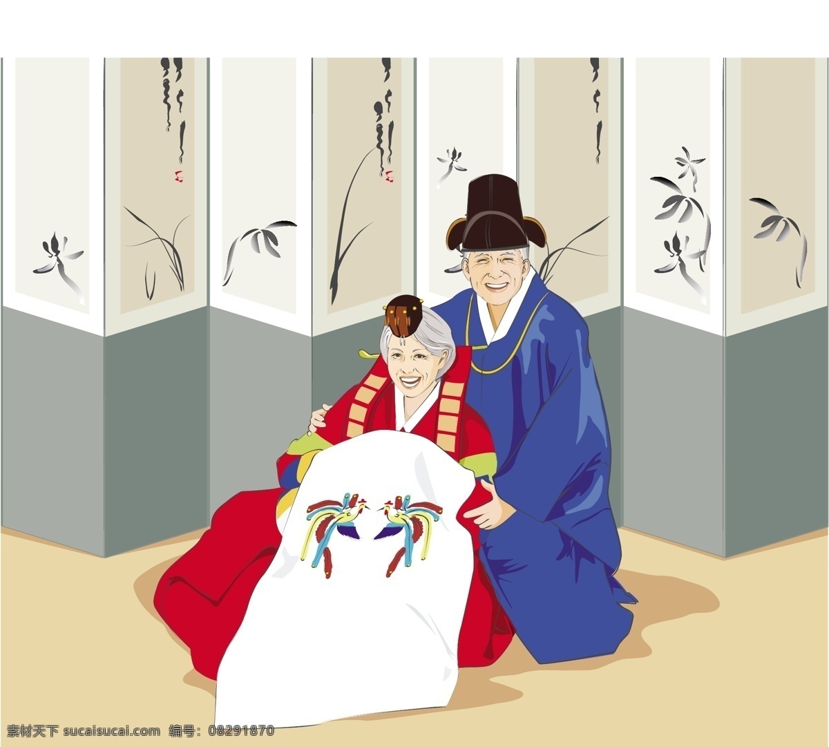 幸福的晚年 传统 服饰 屏风 韩国 韩式服装 白发苍苍 老年人 夫妻 恩爱 幸福 晚年 爷爷 奶奶 矢量 夕阳红 老人 白色