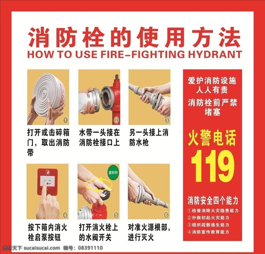 消防栓 使用方法 使用 方法 爱护 消防 安全 能力 使用步骤 红色 海报排版设计