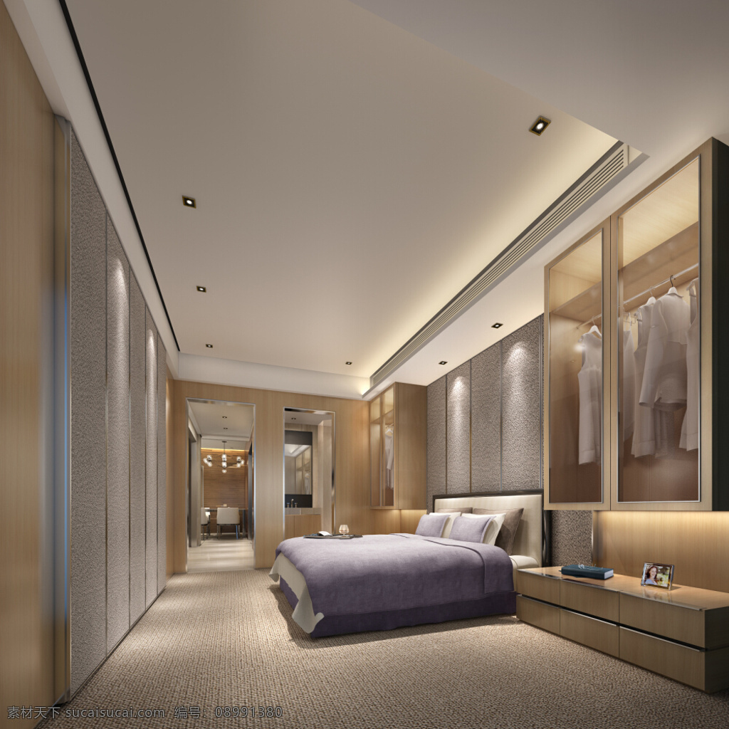现代 简约 卧室 淡紫色 床 品 室内装修 效果图 浅褐色地毯 卧室装修 浅色衣柜 开放式衣柜