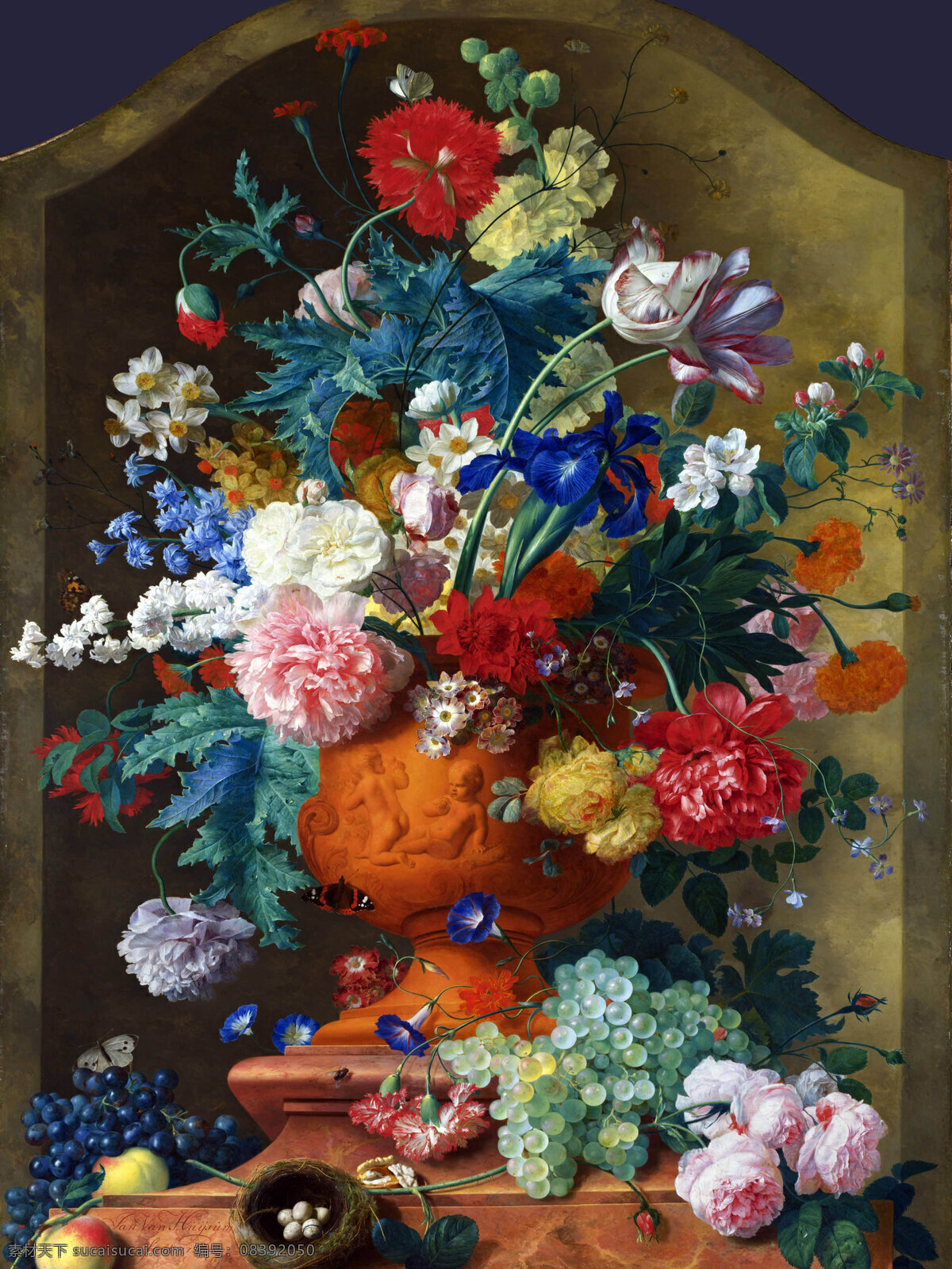 花卉油画 油画 西方油画 世界名画 英国油画 经典油画 花 鲜花 花朵 桌子 花瓶 鸟蛋 鸟窝 水果 葡萄 桃子 绘画书法 文化艺术