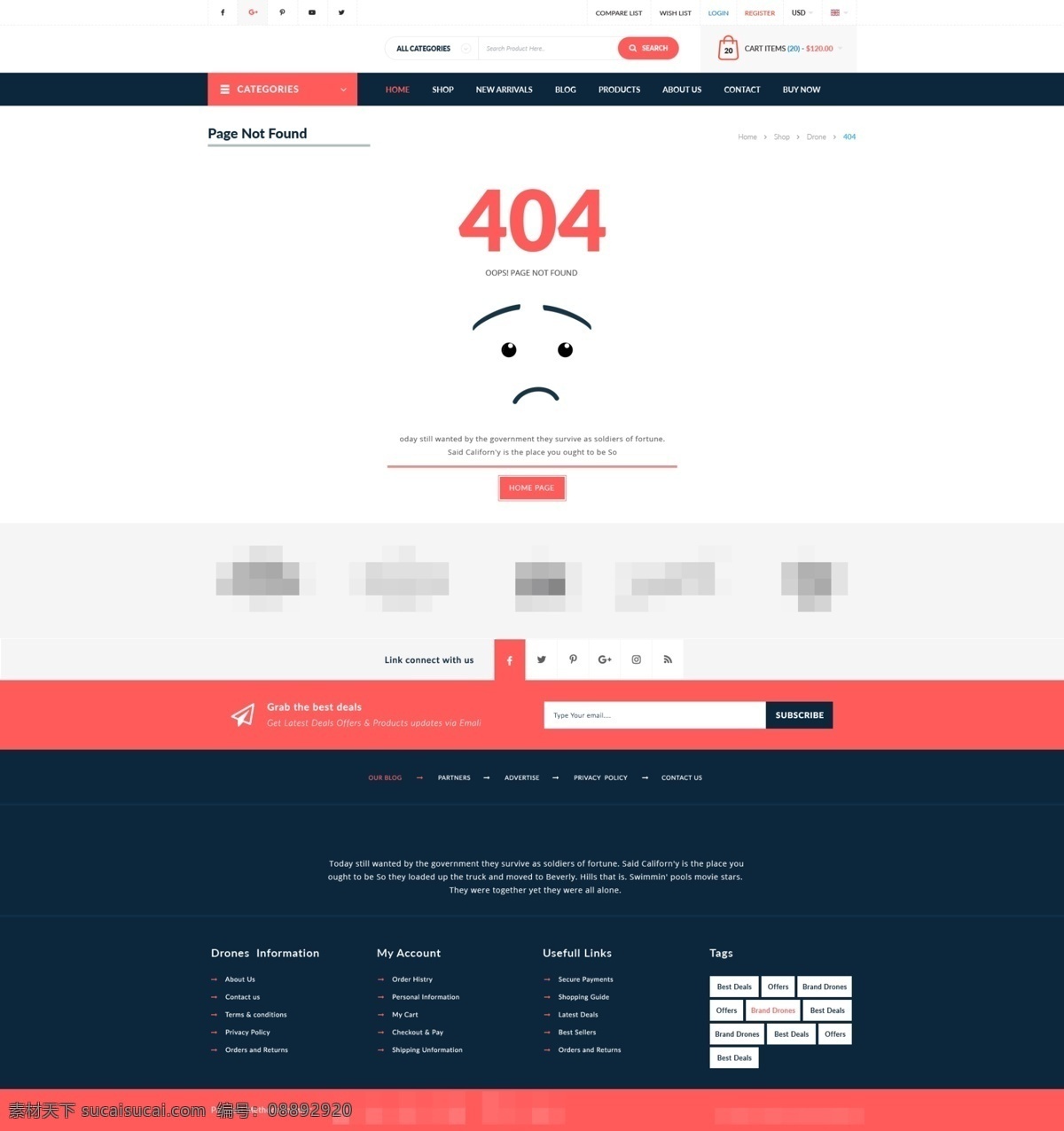 无人机 电子商务 页面 模板 404页面 psd格式 表情 橙色 欧美 深蓝色 时尚 网页素材