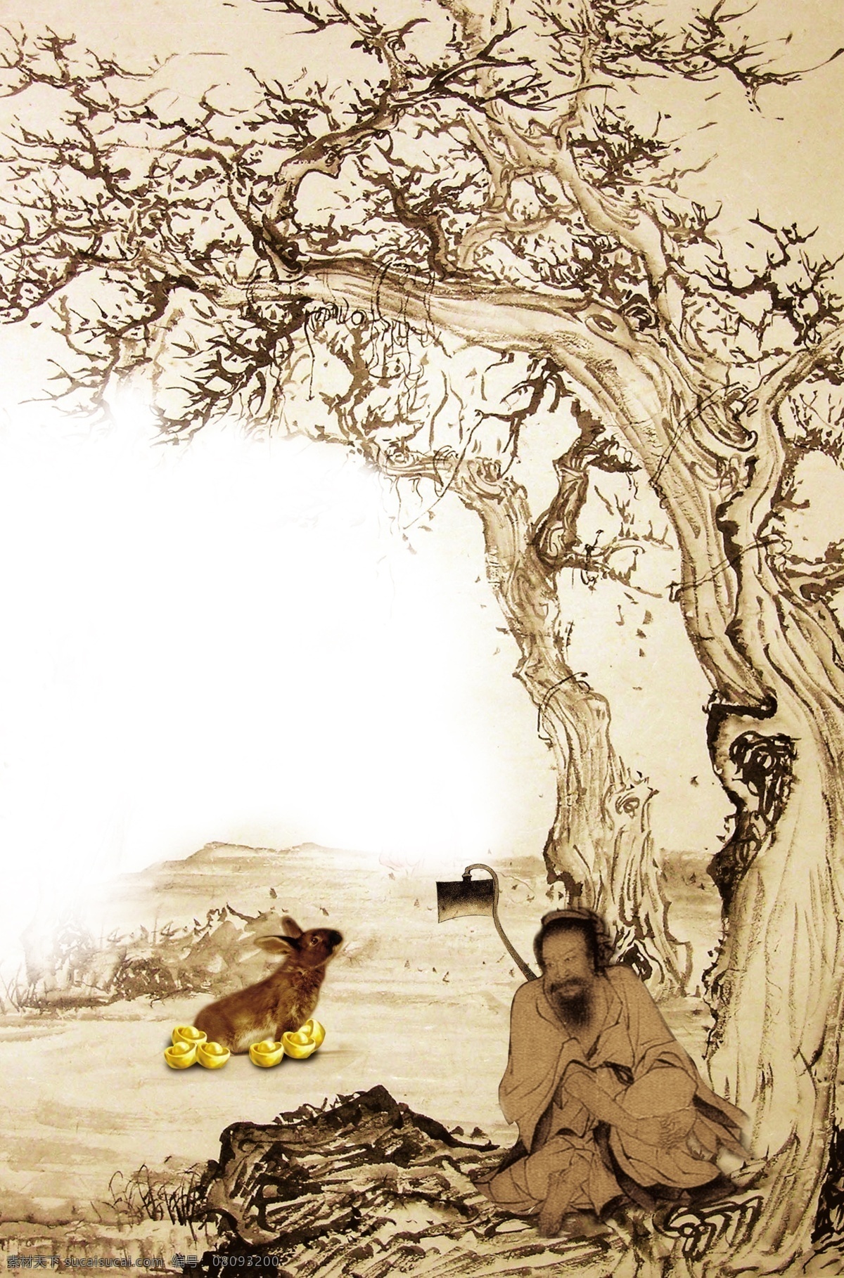 分层 地产 风景画 国画 花鸟 农夫 水墨画 守株待兔 模板下载 写意 兔子 源文件 家居装饰素材 山水风景画