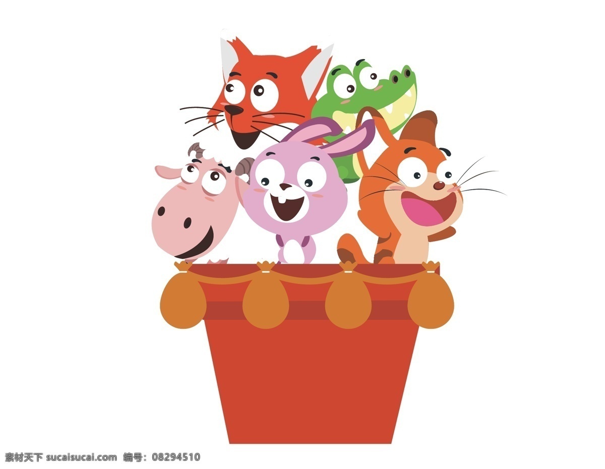 卡通 可爱 动物 元素 简约 可爱动物 恐龙 猫咪 手绘 红色小桶 小毛球 ai元素 矢量元素