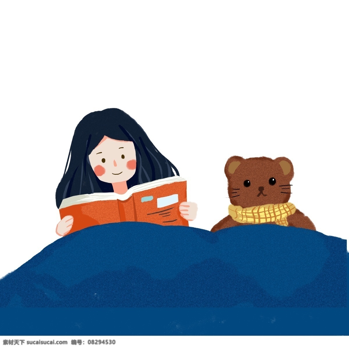 晚安 看书 小女孩 小 熊 被子 插画 女孩 手绘 治愈系 小熊玩偶