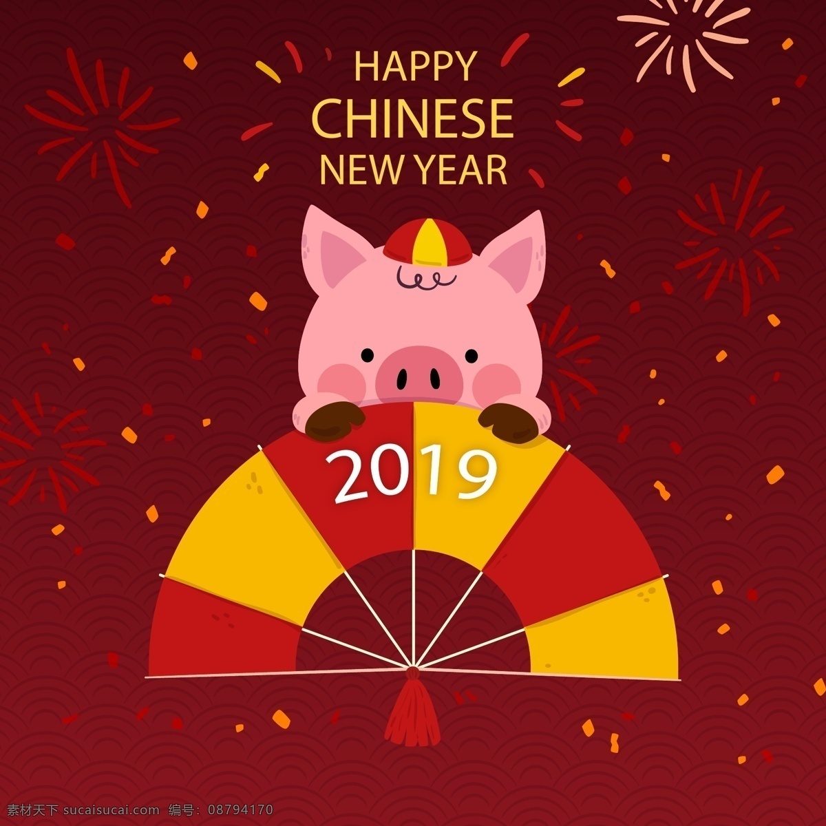 2019猪年 猪年快乐 2019 新年 快乐 红色背景 矢量猪年 卡通猪 手绘猪 猪插画 新年元素 新年素材 新春元素 新春素材 春节元素 春节素材 中国风背景 中国风元素 祥云 花朵 文化艺术 节日庆祝