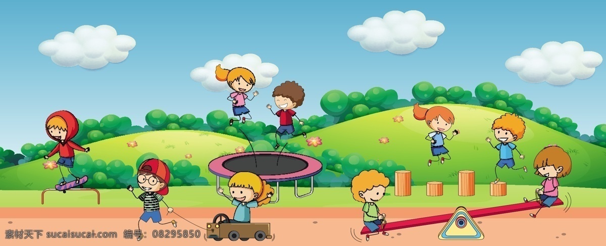 儿童游玩插画 户外儿童 风景 景观 户外孩子 儿童 童年 学生 活动 夏季 假日 假期 冒险 插图 图像 剪贴画 卡通儿童 卡通设计