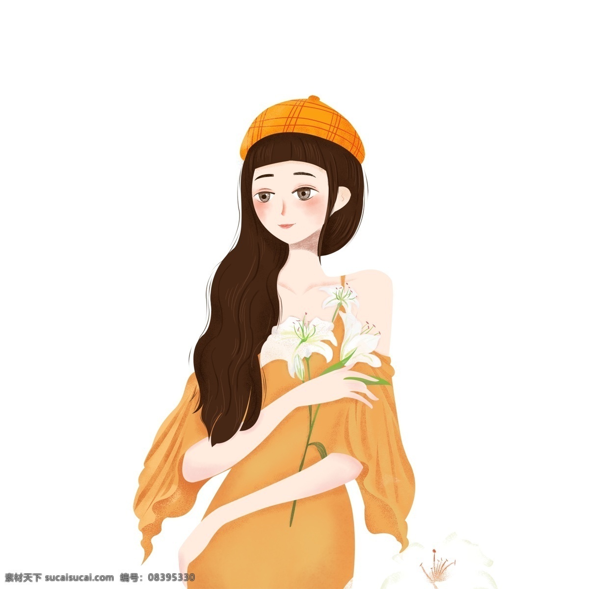 百合花 黄 裙子 少女 插画 植物 唯美 清新 手绘 黄裙子
