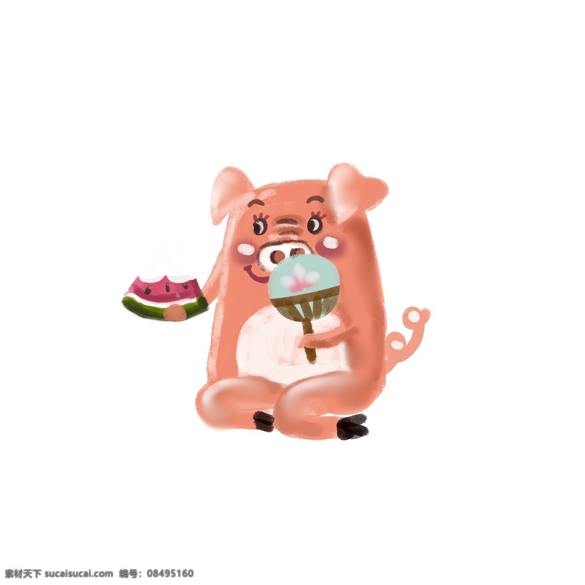 复古 手绘 夏天 吃 西瓜 小 猪 复古肌理 卡通 吃西瓜 小猪 扇扇子 蒲扇 小猪形象 插画
