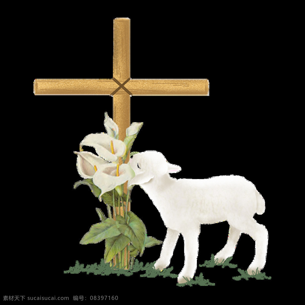 小羊吃草元素 清新 白色 花朵 绿草 小羊 木头 十字架 元素