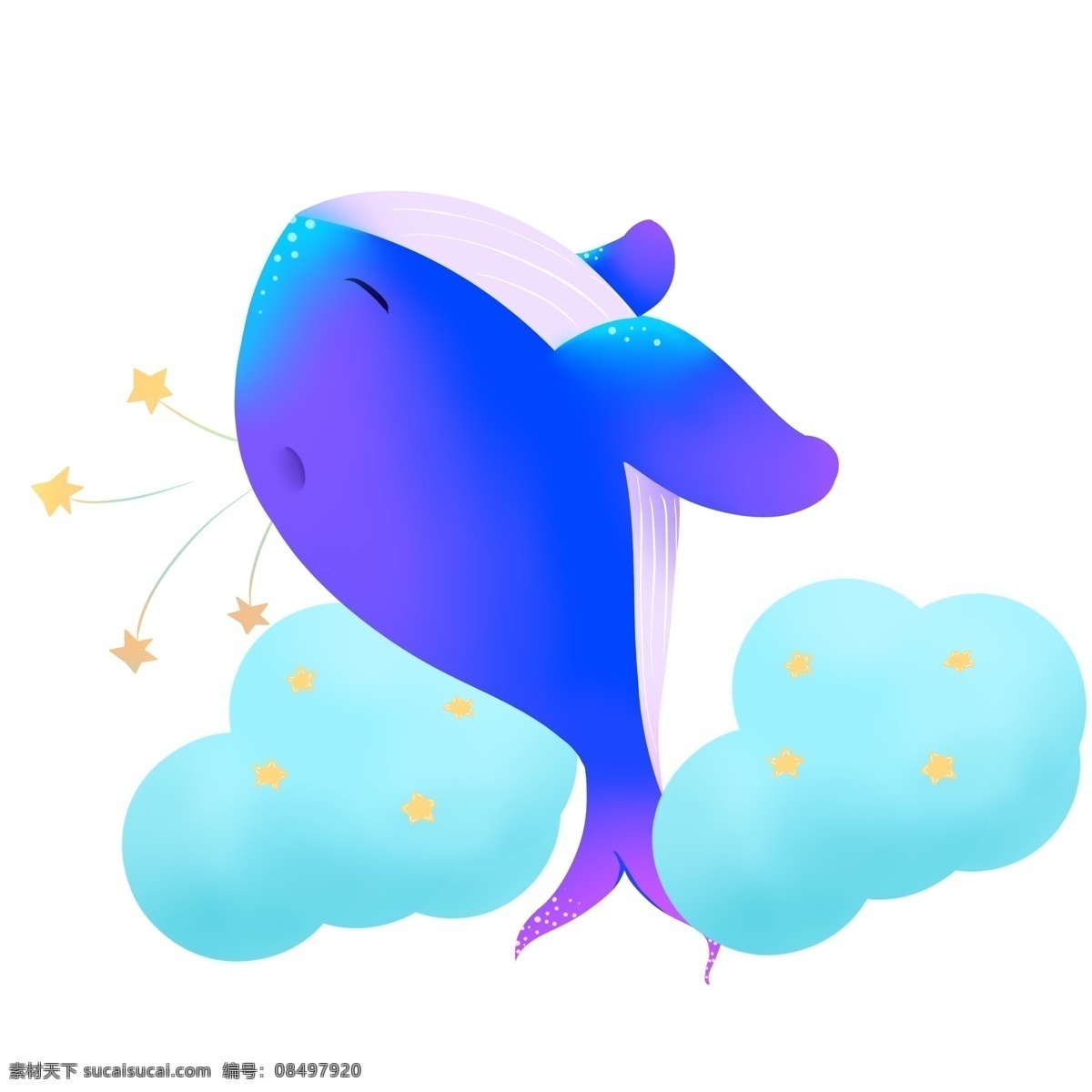 紫色 梦幻 鲸鱼 插画 紫色的鲸鱼 梦幻鲸鱼 黄色的五角星 蓝色 云朵 手绘鲸鱼