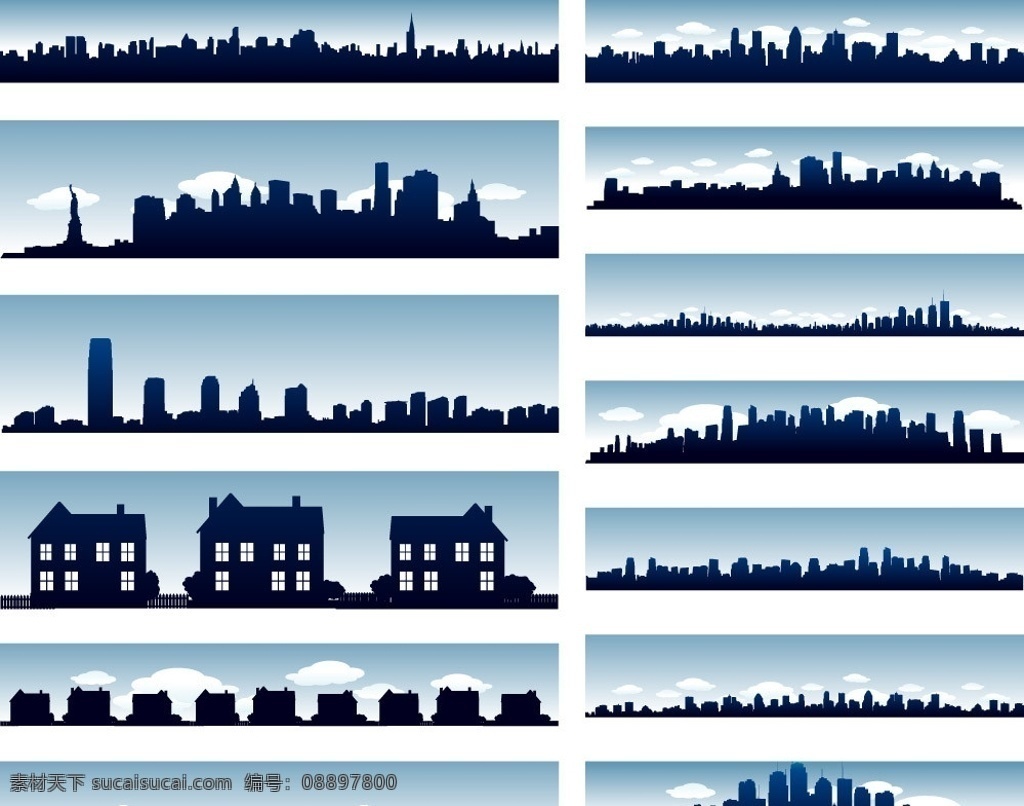 蓝天 白云 下 城市 建筑 剪影 都市 高楼 大厦 轮廓 住宅 别墅 装饰 手绘 矢量 城市建筑主题 城市建筑 建筑家居