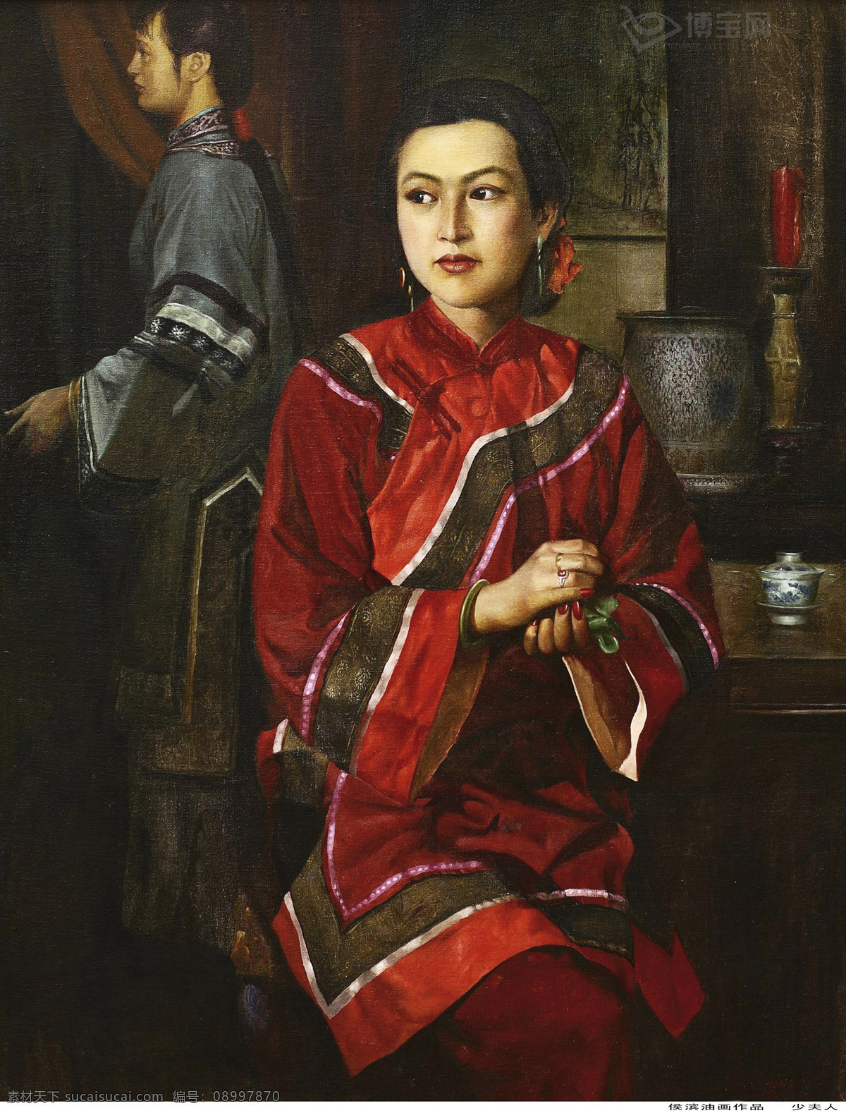茶碗 传统 当代油画 服饰 古装 红衣 绘画书法 少夫人 侯滨 油画作品 当代 中国 油画 装饰画 夫人 佣人 文化艺术 家居装饰素材