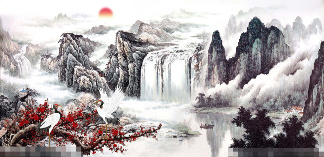 山水画 模板下载 psd分层 psd素材 房子 风景画 古画 国画 河流 鹤 梅花 瀑布 太阳 夕阳 屋子 小船 云雾 飘云 家居装饰素材 山水风景画