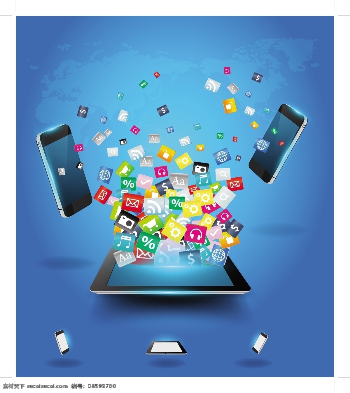 时尚手机 app 应用 矢量 手 手机图标 手机购物 网络购物 世界地形图 智能手机 平板电脑 数码科技 蓝色