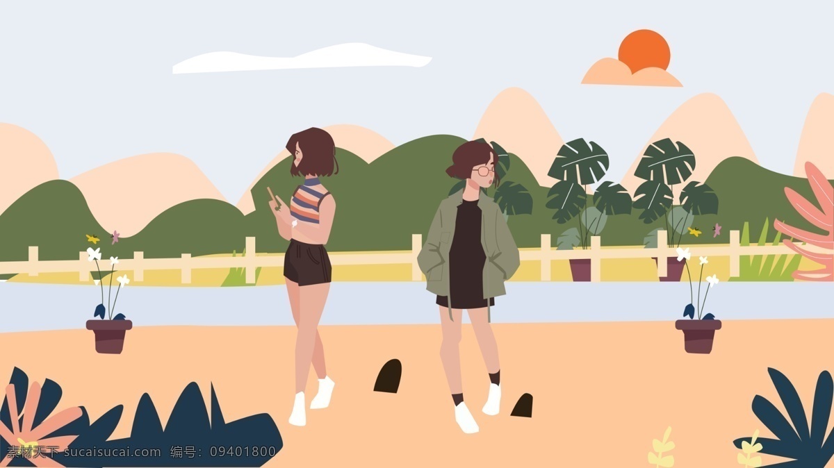 小 清新 蓝天 白云 下 妹子 散步 插画 植物 小清新 午后 女孩