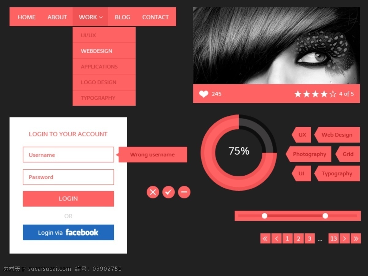 粉色 ui 界面设计 下拉菜单 进度条 登陆框 页码 黑色