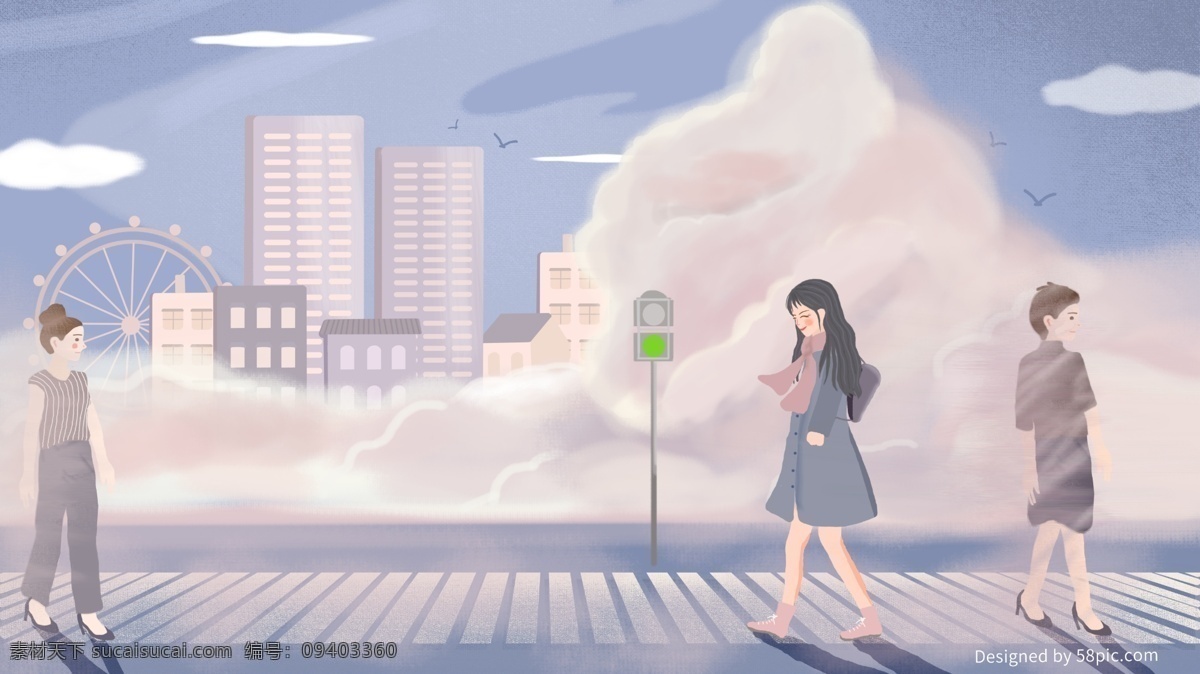原创 早安 世界 女孩 上班 路上 城市 插画 云朵 小清新 简约 早安世界 街道 斑马线