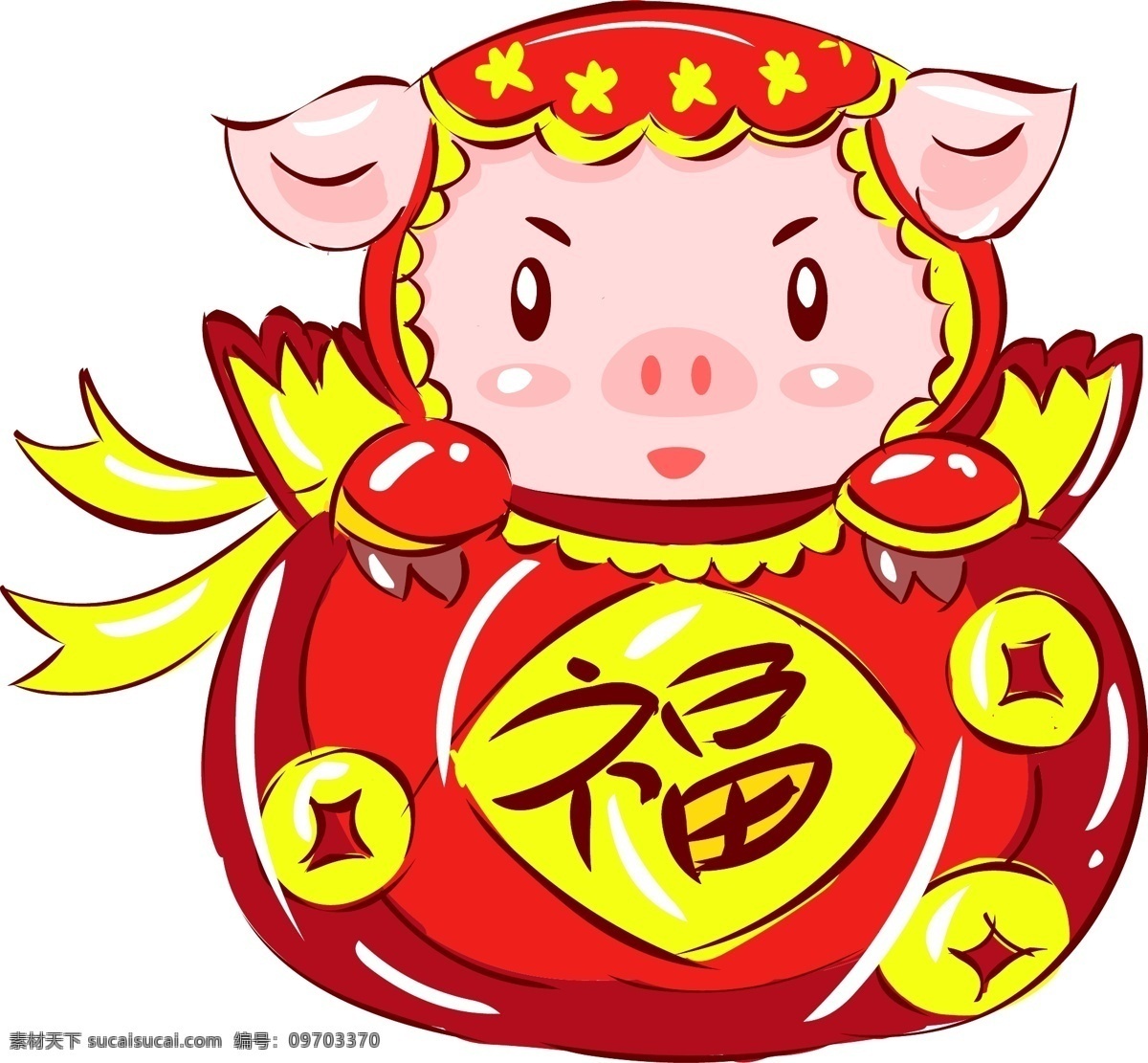 2019 猪年 新年 红红火火 手绘 卡通 吉祥 福 袋 猪 卡通猪 手绘猪 吉祥猪 可爱动物 可爱猪猪 拜年 新年猪 亥猪 福袋 红色 黄色