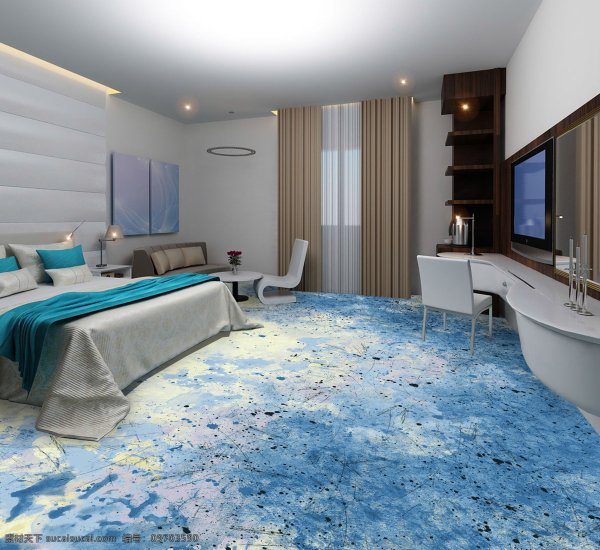 酒店单人间 单人间 酒店客房 地毯图案 水墨 泼墨 地毯设计 设计方案 蓝色调 酒店效果图