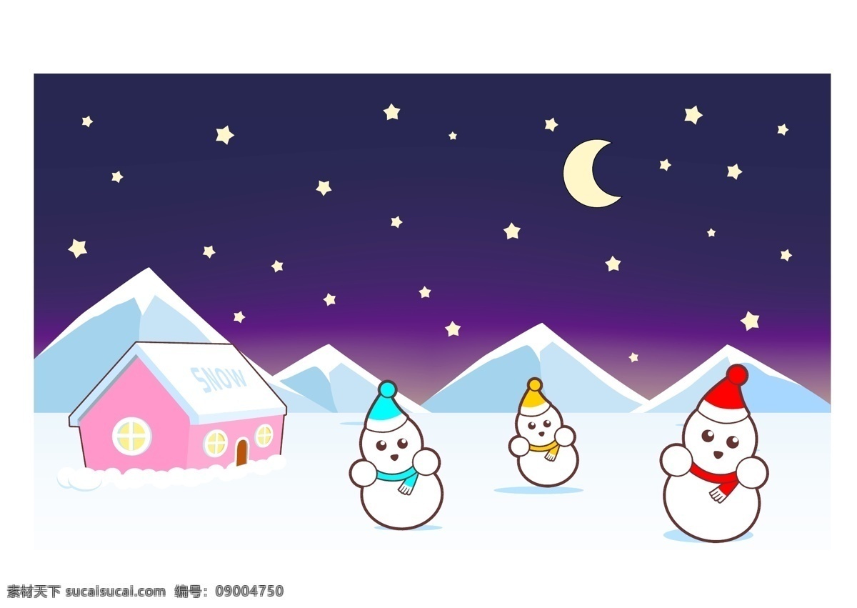 卡通 矢量 冰雪 夜景 雪地 冬天 北极 雪人 房子 设计元素 背景 星星 月亮 山