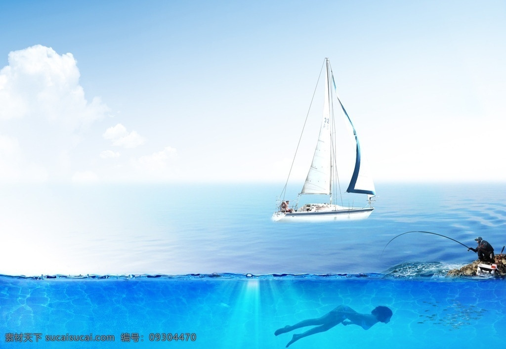 帆船 海钓 潜水 潜水女孩 海上运动 海底 水平面 蓝天 白云 分层 鱼群 海洋 大海 海天一色