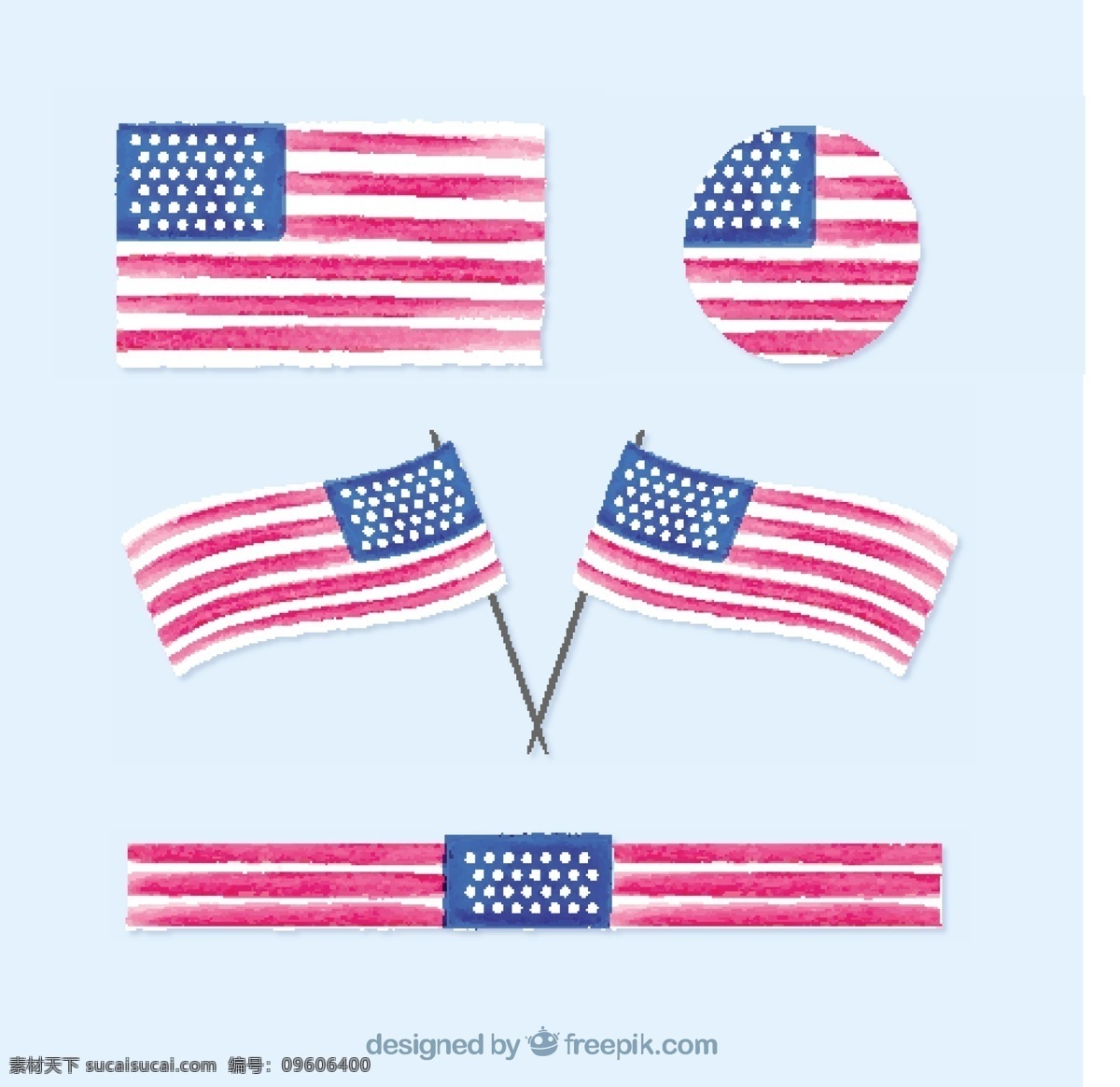 各种 水彩 风格 美国 国旗 设计素材 水彩风格 美国国旗