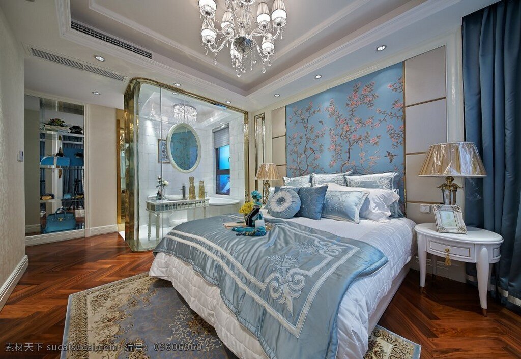 现代 清新 卧室 蓝色 背景 墙 室内装修 效果图 卧室装修 木地板 蓝色地毯 蓝色背景墙