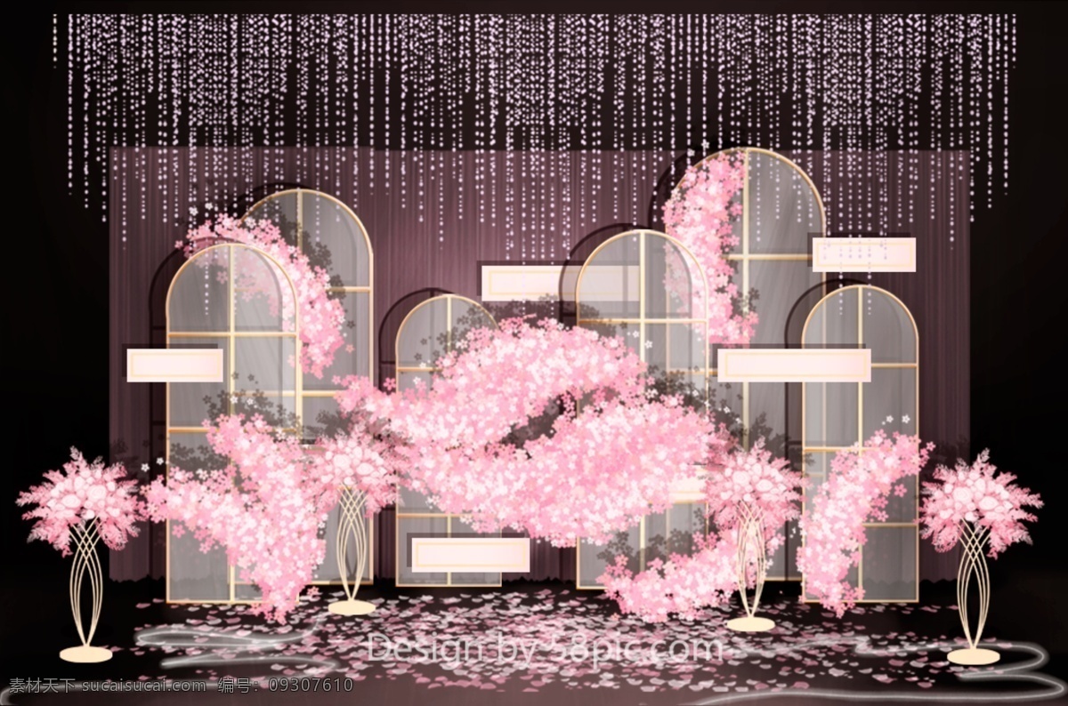粉色 浪漫婚礼 效果图 浪漫 花墙 窗 pvc 花瓣 玻璃花窗 发光灯带 水晶帘