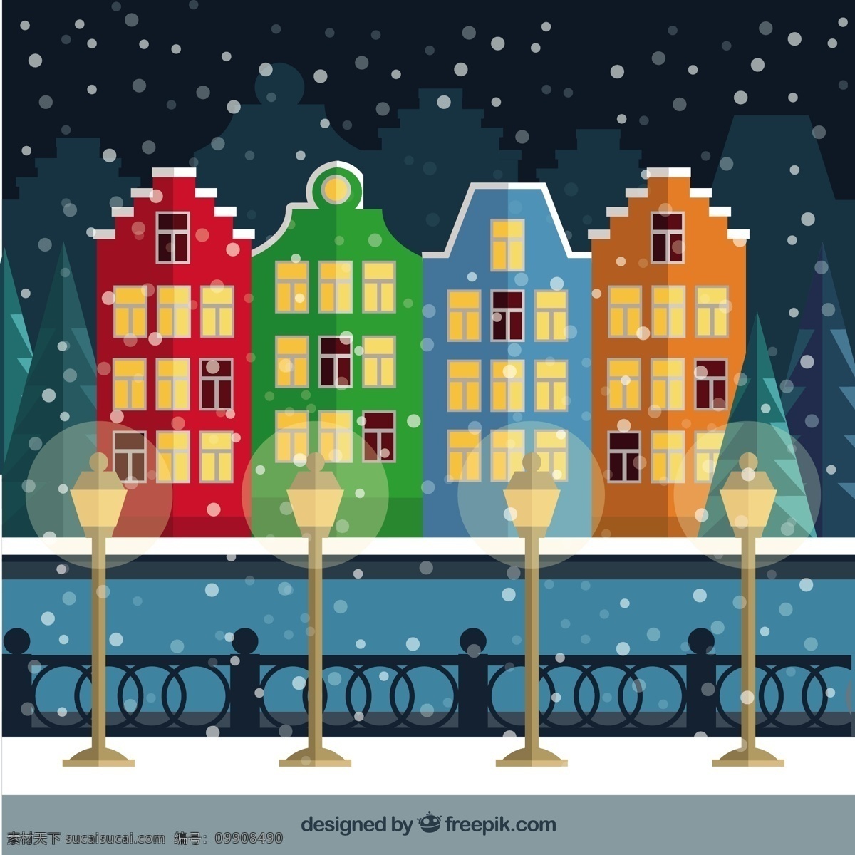 雪 城市 彩色 房屋 插图 圣诞节 圣诞快乐 冬天 庆祝活动 街道 建筑物 河流 房子 窗户 色彩 城市建筑 季节 快乐 十二月 灯柱 下雪 白色