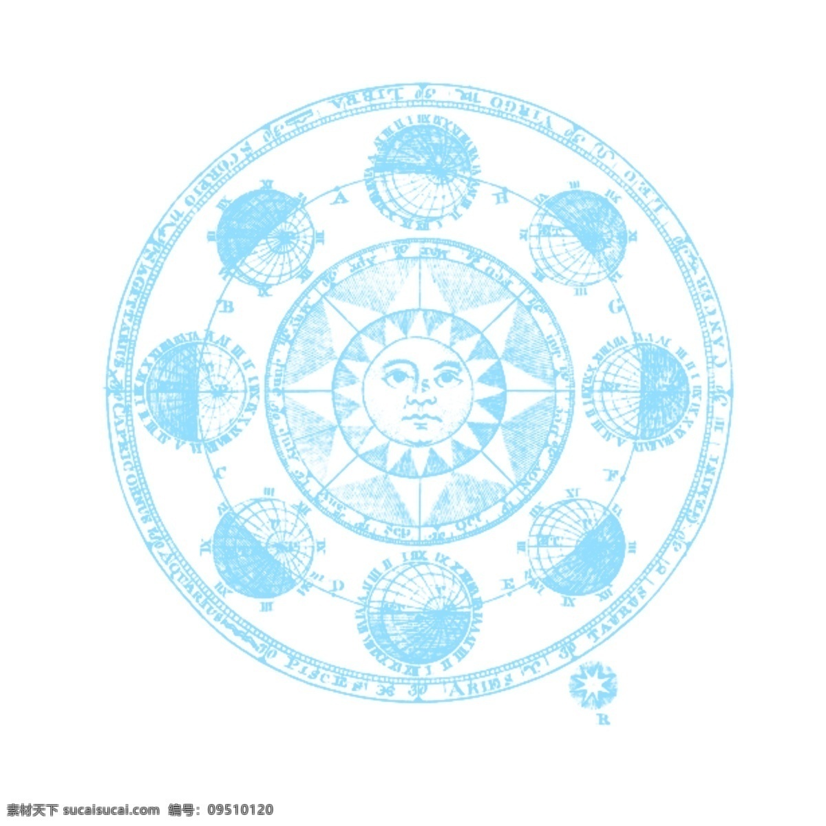 蓝色 圆形 太阳 神秘 图案 透明 底 复杂图案 魔法 符文 光圈 光效 光环 免抠图 装饰图 光束 光点 插画