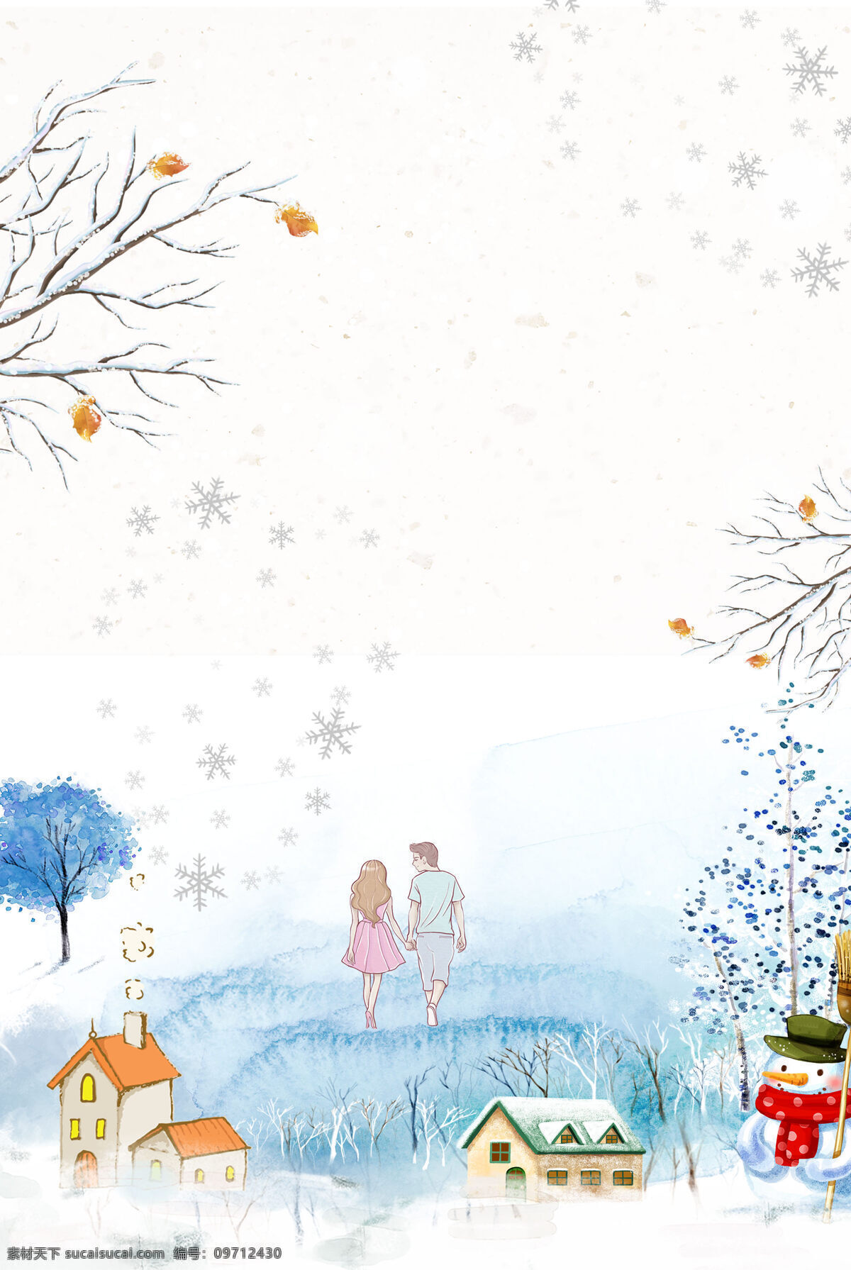 卡通 冬季 约会 背景 雪花 树林 雪人 海报 广告