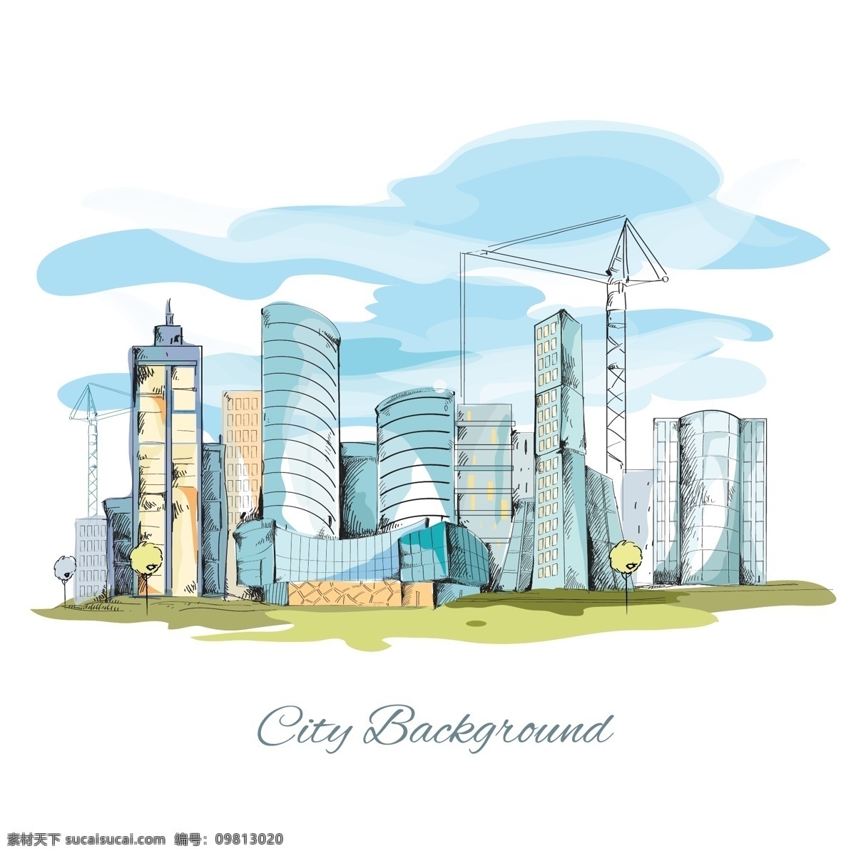 手绘 水彩 城市 建筑 插画 淡彩 蓝天 白云 高楼